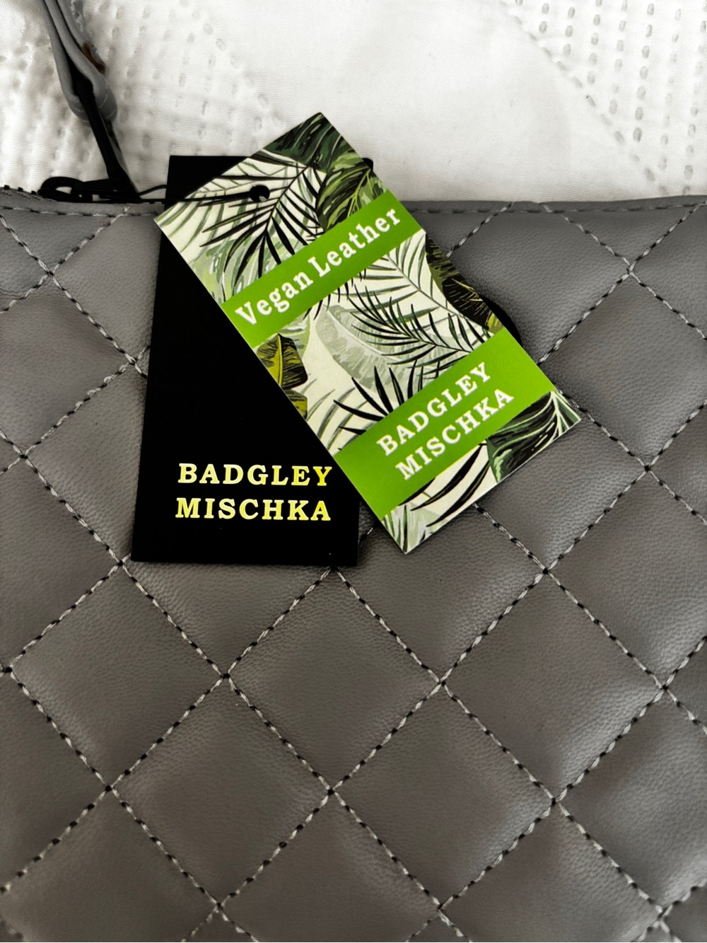 Badgley Mischka Quilted Gray Clutch with Black Logo - Picture 3 of 5